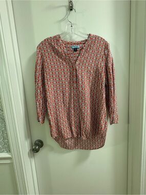 Cynthia Rowley White Orange Black Geometric Short Roll Tab Sleeve V-Neck - M